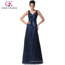 Grace Karin Deep V-Neck Backless Azul marinho Long Lace Evening Dress CL6117